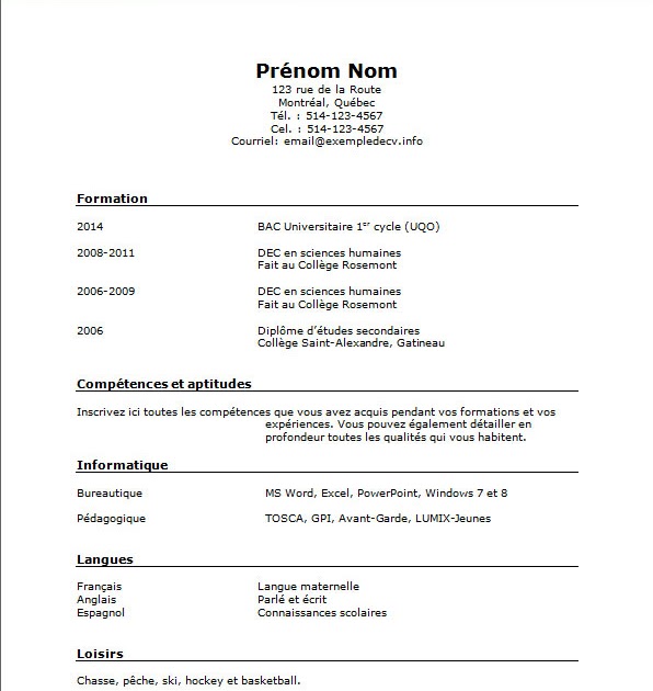 Modèle De Cv étudiant Secondaire  Sample Resume