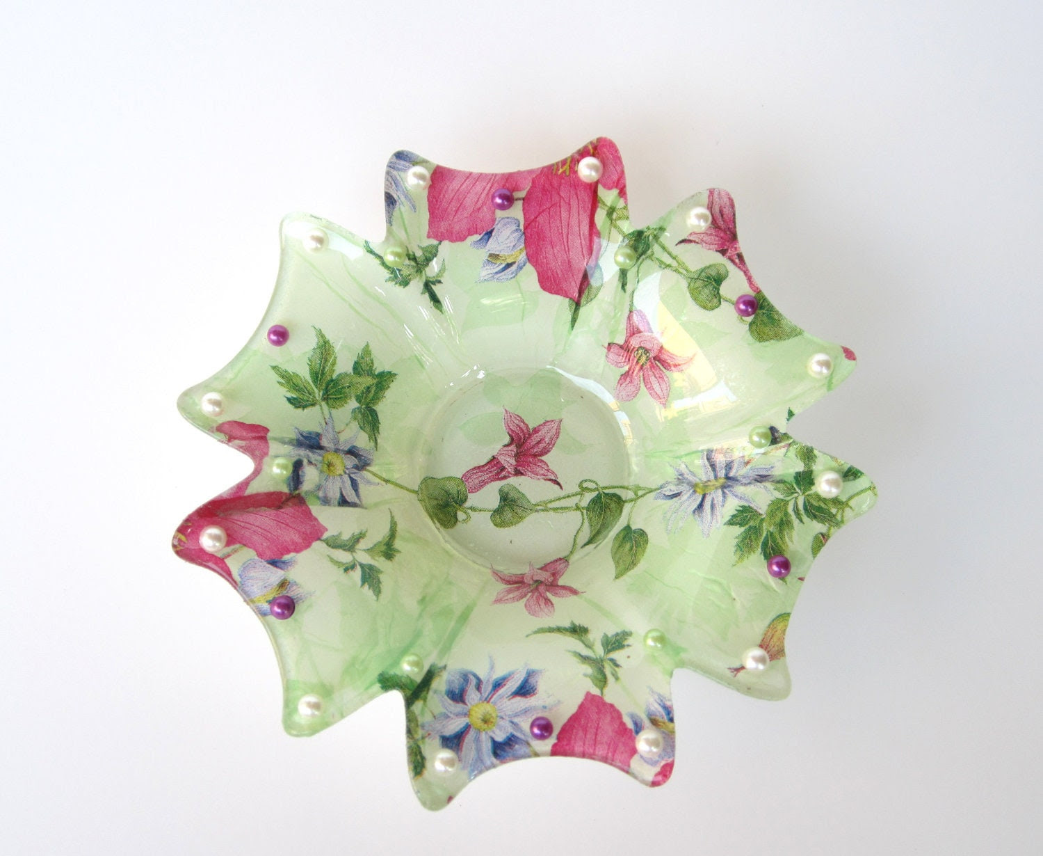 Candleholder Dish Green Floral With Pearly Accents - IllusionCreations Candleholder Dish Green Floral With Pearly Accents - IllusionCreations