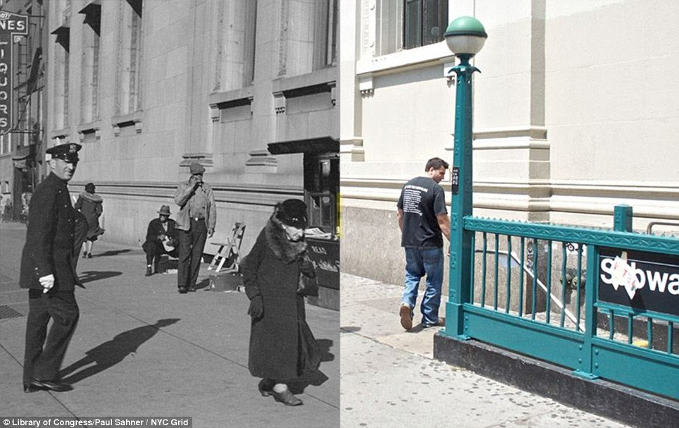 New York Savings Bank 14th St and 8th Ave 1937/2013: The bank finally moved from the grand neoclassical structure well after the subway station opened in 1931, and the building is now occupied by a CVS pharmacy