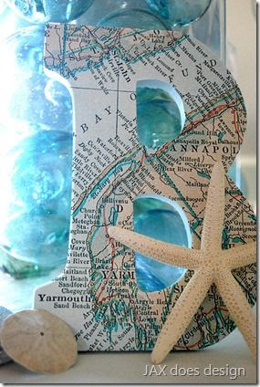 Map #decoupage on wood #letters that spell out beach. More decoupage ideas on Completely Coastal: http://www.completely-coastal.com/2012/06/map-decoupage-ideas-for-canvas-dressers.html