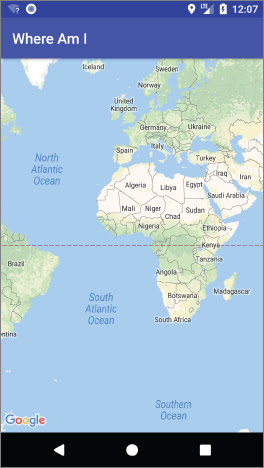 Image of an Android emulator showing a map of the world, with teh caption "Where Am I?"