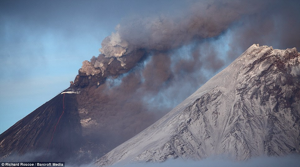 Ash eruption from the summit of Shiveluch lava dome.