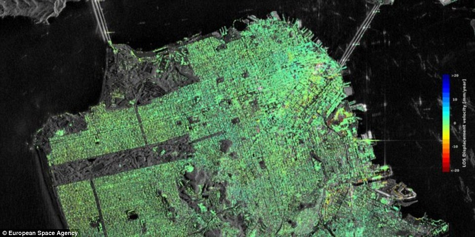 Sentinel-1 radar data show ground displacement of downtown San Francisco. While green indicates no detected movement, points in yellow, orange and red indicate where structures are subsiding, or sinking.