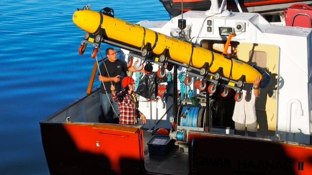 The University of Victoria's Bluefin-12S AUV is being off-loaded from the Parks Canada vessel Gwaii Haanas II at the end of the project. The team plans to return next summer for further investigation.