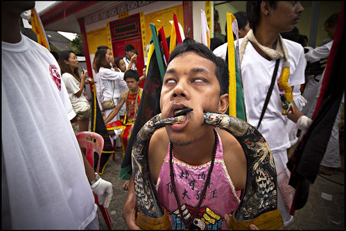 Pierced face at the Phuket vegetarian festival 2013