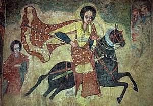 Queen of Sheba traveling to Solomon. A fresco ...