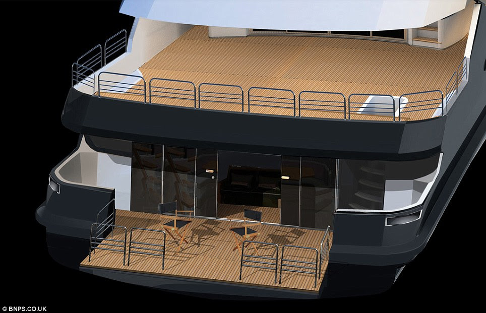 The yacht's 'beach club' stern. It will also have 'panoramic viewing platforms' down each side side, giving guests a front row seat for the Grand Prix at Monaco