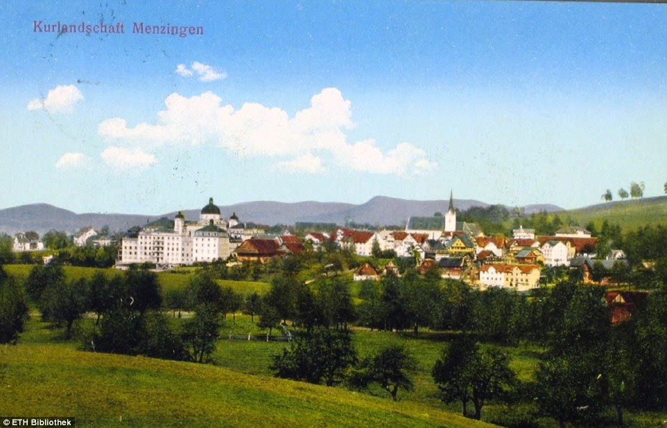 Wish you were here! Feller collected this postcard of Menzingen, in Zug, Switzerland