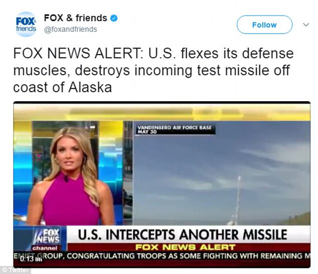 This tweet, re-tweeted by President Trump, announced that the US was 'flexing its muscles' by conducting a successful missile intercept test off the coast of Alaska