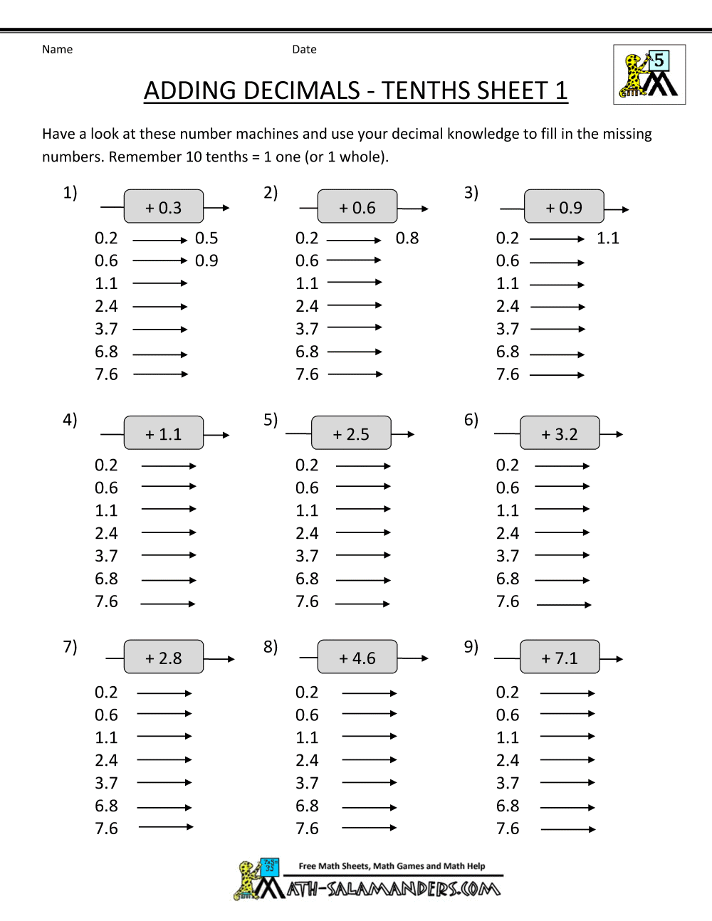 Decimal Numbers Worksheets Grade 5