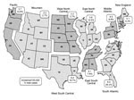Thumbnail of Geographic distribution of cat-scratch disease by US census division, United States, 2005–2013. Rates are reported as average incidence per 100,000 population per year. During the study period, there were &lt;10 cases in Alaska and &lt;10 cases in Hawaii.
