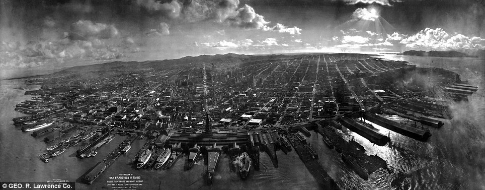 Historic panorama: A camera soaring above San Francisco Bay by a kite immediately following the earthquake of 1906 captures the mass destruction from the historic 7.9 magnitude quake