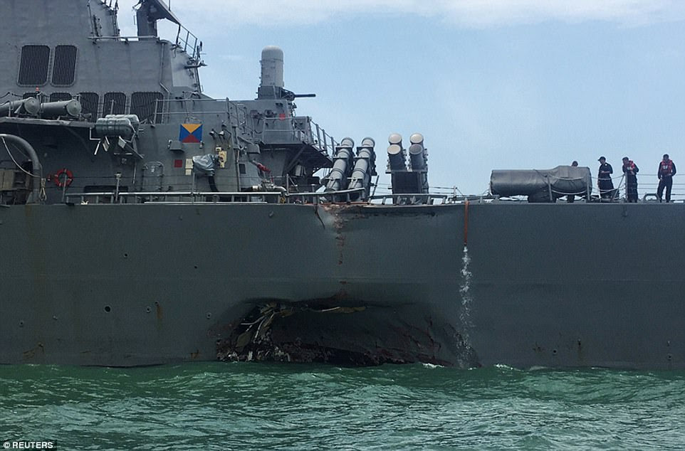 Ten sailors are missing and five were injured after the USS John S McCain was involved in a collision with a 600-foot oil tanker on Monday morning, the Navy said