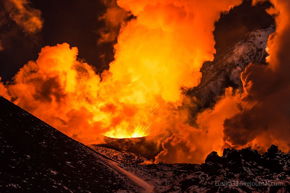 Eruption: The initial calm is now definitely over and the crater explodes in fire and smoke as the volcano awakens 