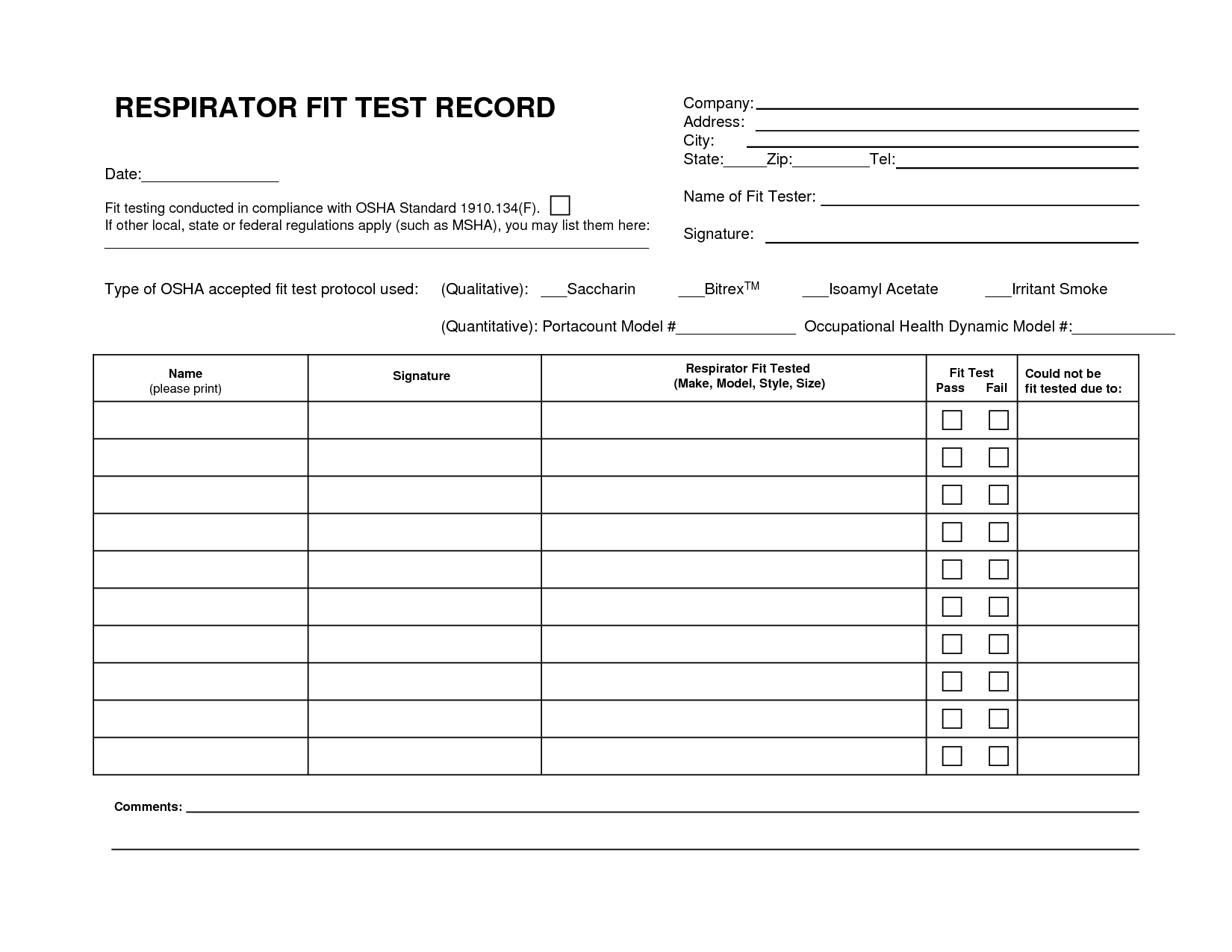 Printable Face Fit Test Certificate Template
