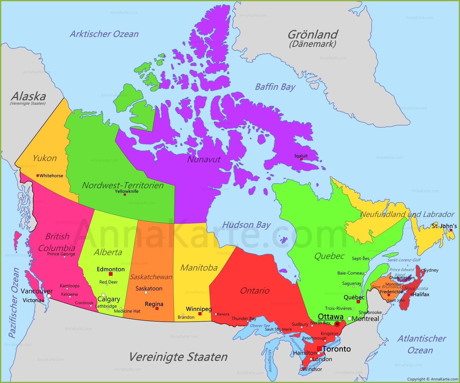 Где правда канада. Границы Канады на карте. Карта Канады с провинциями и городами. Полит карта Канады. Карта провинций Канады на русском языке.