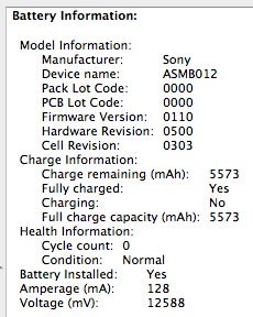 Screenshot of System Profile battery info.