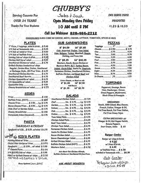 Menu of Chubby's Of Conover in Conover, NC 28613