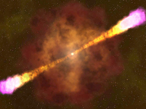 A gamma ray bursts in this artist´s rendering, with a massive star collapsing into a new black hole, exploding, and beaming out focused radiation. NASA Goddard Space Flight Center, AP