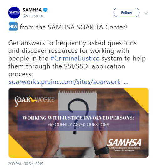 SAMHSA SOAR Twitter Post on @SAMHSAgov Twitter