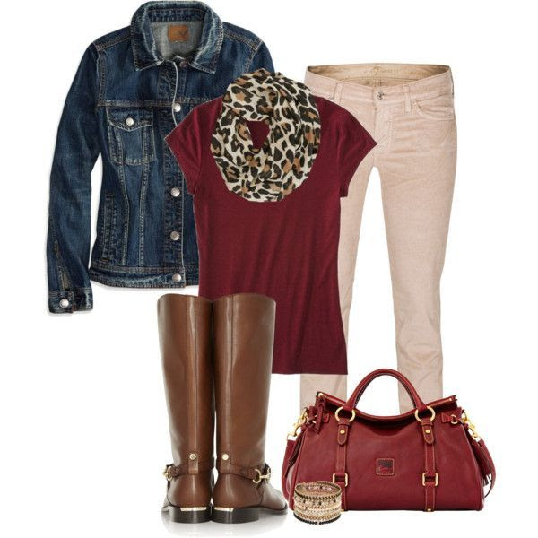 Mossimo Women's Dressy Tee (burgandy) and burg bag/cream pants/denim jacket/brown boots