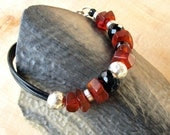 Genuine Baltic Amber Bracelet on Leather Cord - Brown Amber, Black Onyx, Sterling Silver - OOAK - BacaCaraJewelry Genuine Baltic Amber Bracelet on Leather Cord - Brown Amber, Black Onyx, Sterling Silver - OOAK - BacaCaraJewelry