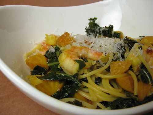 Pasta with Beets, Shrimp & Kale