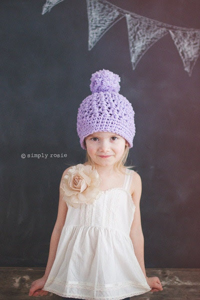 Lilac Toddler Hats, Crochet Hats for Kids, Hat with Pom Pom, Beanie for Girls, Pompom Beanie Hat, 2T to 4T, - PBlossomBoutique