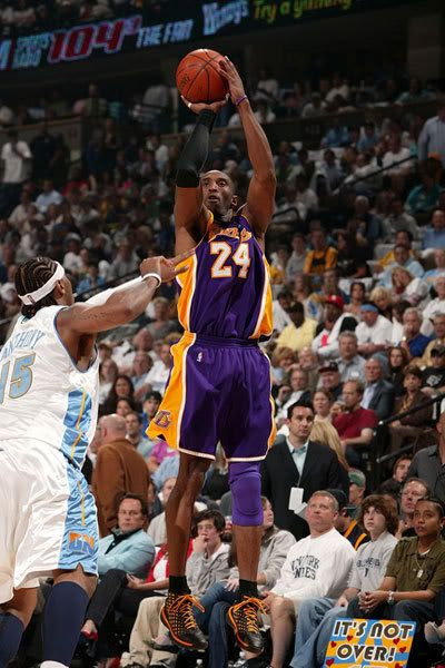 Kobe Bryant of the Las Angeles Lakers takes a shot against the Denver Nuggets on April 28, 2008 at the Pepsi Center in Denver, Colorado.