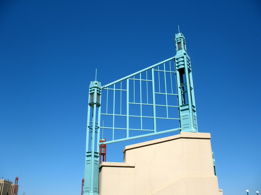 A photo of some strange bridge art on the Wabasha Street Bridge in St Paul.