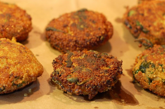 Curried quinoa cakes post-frying by Eve Fox, Garden of Eating blog, copyright 2013