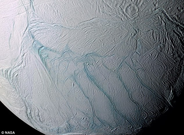 Evidence for warmth on Enceladus comes from so-called ‘tiger stripes’ on its surface, shown here in blue, which are low ridges with high temperatures, possibly caused by cryovolcanoes underground. The moon has garnered attention in recent years owing to its potential for habitability