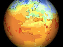 Globe showing bands of temperature change   Image: Climateprediction.net