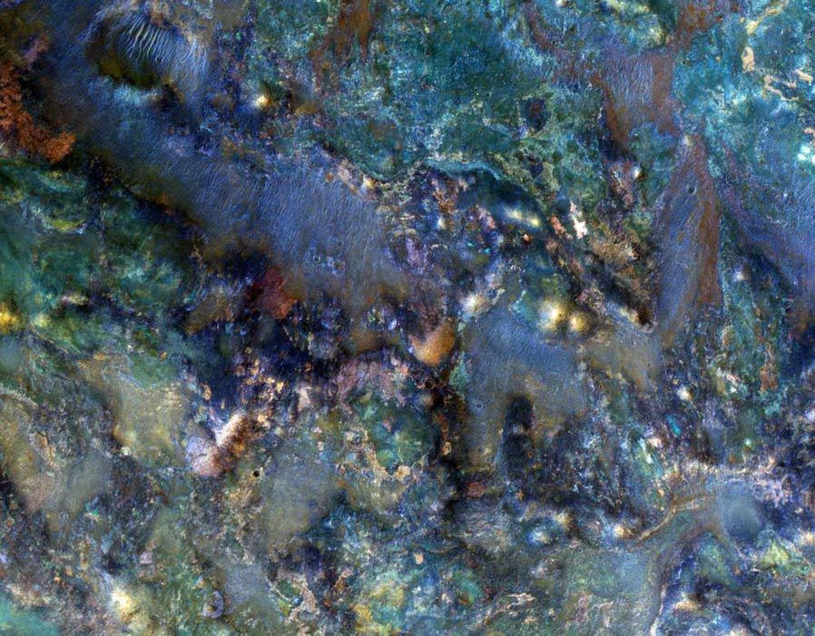 This enhanced-color image from March 2012 of a region of Mars near Nili Fossae shows part of the ejecta from an impact crater and contains some of the best exposures of ancient bedrock on Mars This enhanced-color image from March 2012 of a region of Mars near Nili Fossae shows part of the ejecta from an impact crater and contains some of the best exposures of ancient bedrock on Mars