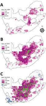 Thumbnail of Risk maps for probability of Rift Valley fever (RVF) outbreaks in different areas of South Africa. A) Map for December 2009 showing subsequent outbreaks in January 2010. B) Map for January 2010 showing subsequent outbreaks in February 2010. C) Map for February 2010 indicating irrigation areas and subsequent outbreaks during March–June 2010.