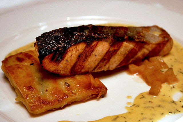 Grilled Salmon with Pommes Sarlandaise, Apple Compote and Dill Cream Sauce