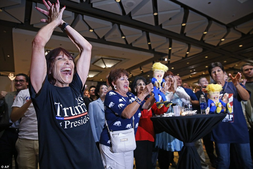Apoiantes para candidato presidencial republicano Donald Trump reagir como os primeiros resultados vêm em uma festa da noite da eleição republicana terça-feira