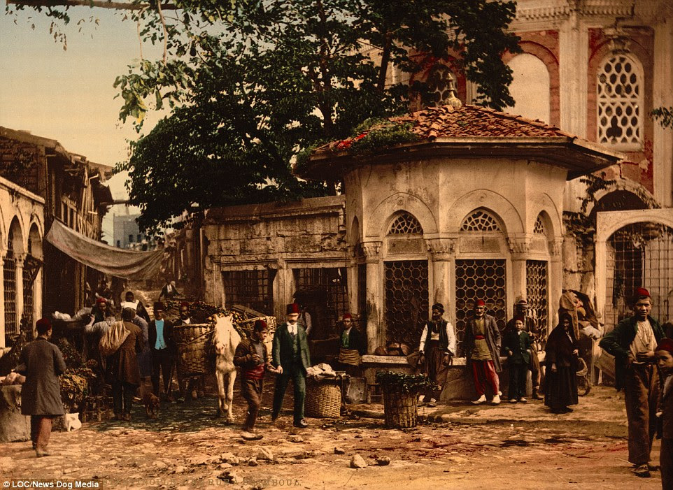 A lively street in the district of Stamboul, taken between 1890 and 1900, which has been turned into a colour image