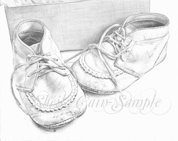 Baby Shoes 1955 - 4x6 (10cm x 15cm) print of orginal graphite drawing