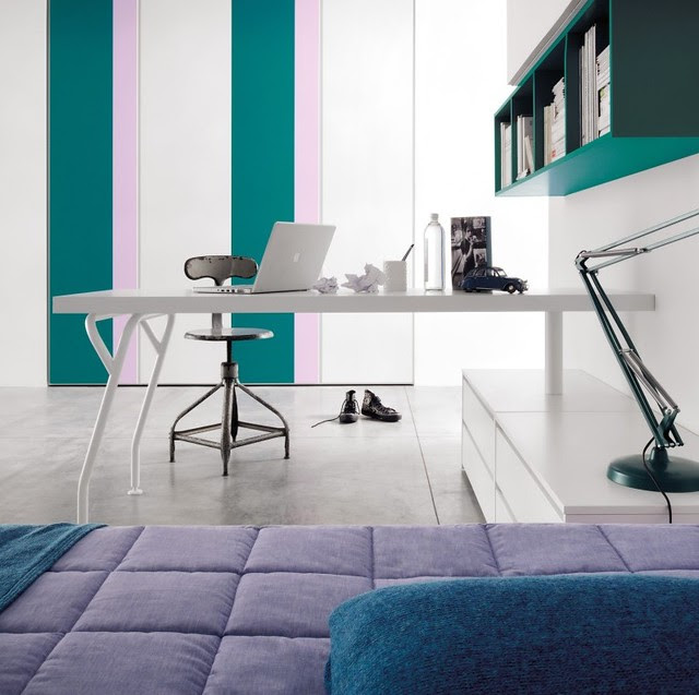 Bright-Teal-Lilac-Striped-Kids-Room-with-Unique-White-Kids-Desk