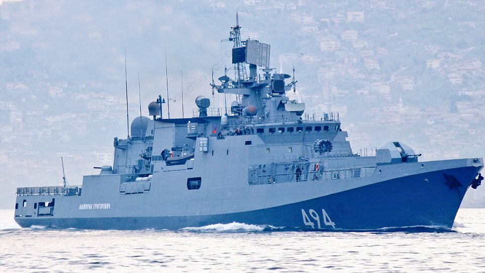 Russian warship the Admiral Grigorovich (pictured on recent deployment) - armed with cruise missiles and a self-defence system - is docking in Syria today after it was immediately diverted from the Black Sea following Donald Trump's airstrike on al-Shayrat military airfield near Homs, which killed six and destroyed nine Syrian jets