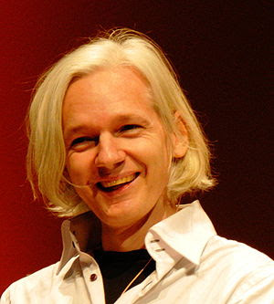 Picture of Julian Assange during a talk at 26C3