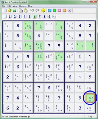 A screenshot of Simple Sudoku that shows candidate filtering on 6's. A now-obvious lone 6 in the rightmost column has been circled.