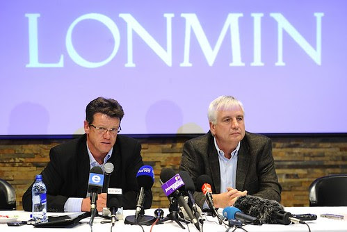 Mark Munroe (L), executive vice president for mining at Lonmin, the world's third-largest platinum mining company, speaks alongside Lonmin chief financial officer Simon Scott during a press conference on August 20, 2012, in Marikana. by Pan-African News Wire File Photos