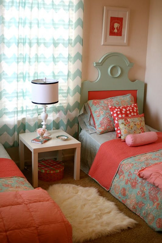 coral, pink, and blue....love these colors. And really love the headboards.