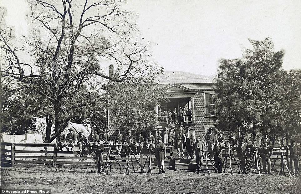 This April 1865 image provided by the Library of Congress shows Federal troops in front of the Appomattox Court House near the time of Confederate Gen. Robert E. Lee's surrender