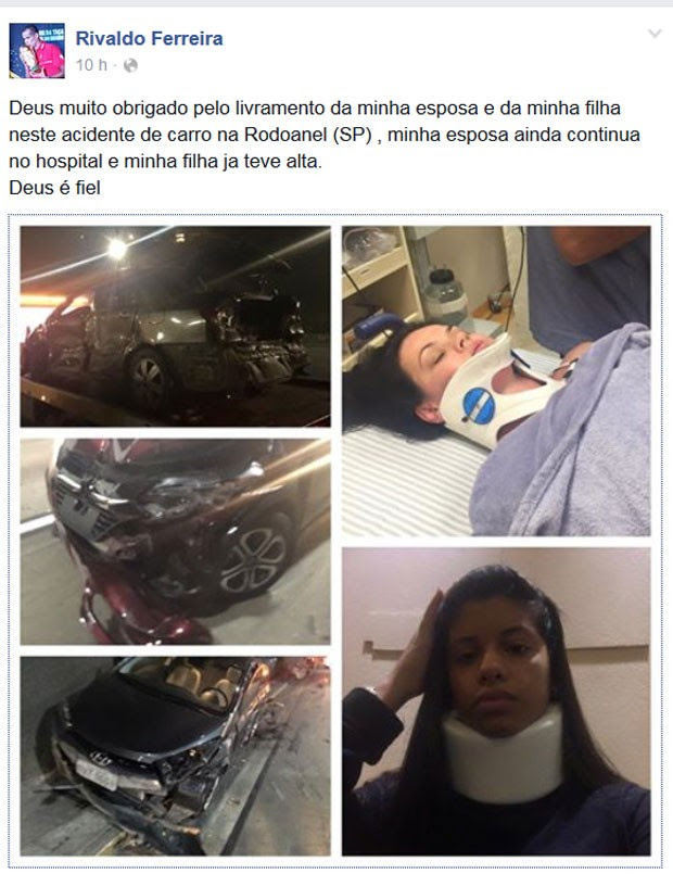 Ex-jogador Rivaldo postou fotos do acidente envolvendo a esposa e a filha (Foto: Reprodução/Facebook/Rivaldo Ferreira)