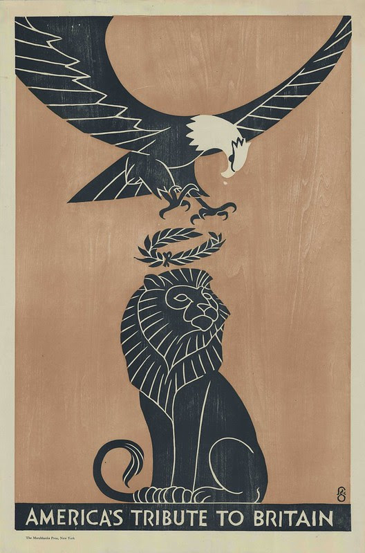 illustration of stylised 'architectural' eagle dropping wreath on lion's head (metaphor)