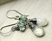 Handmade Wire Wrapped Rainbow Moonstone and Aquamarine Gemstone Earrings on Oxidized Sterling Silver - PoppyLayne