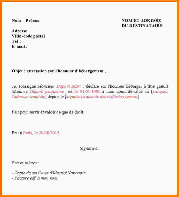 Model De Lettre Attestation D\'Hébergement En Ligne  exemple de lettre